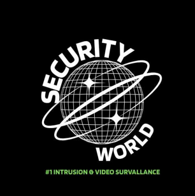 Black Security World logo with globe and orbit lines, hashtag “#1 intrusion & video surveillance” underneath