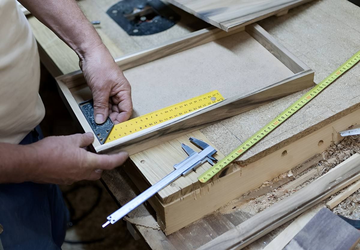 A Man Is Measuring A Piece Of Wood With A Ruler And Caliper — Alstonville Kitchens In Alstonville, NSW