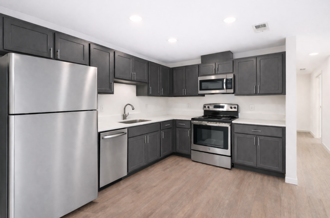 Modern kitchen with stainless steel appliances, dark gray cabinets, and light wood flooring