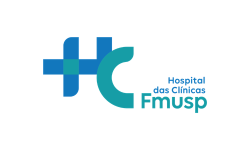 Logótipo do Hospital das Clínicas Fmusp em azul e verde-azulado sobre fundo branco