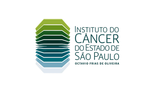 Logotipo do Instituto do Câncer do Estado de São Paulo com ícone em tons de verde e azul