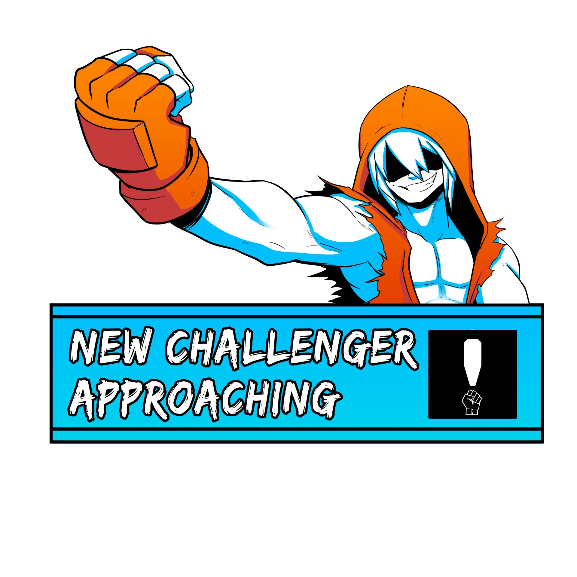 A muscular character in orange hood and glove, fist raised, above a 