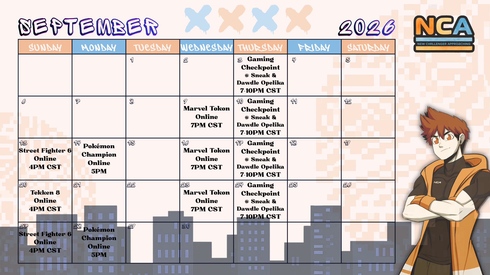 A calendar for February 2026 listing upcoming NCA events. Events include gaming checkpoints and online editions.