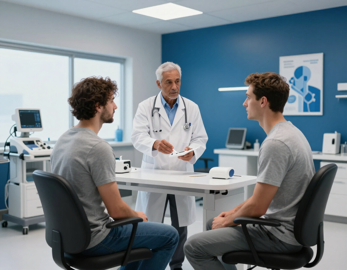 Especialista explicando la estimulación magnética transcraneal en consultorio médico
