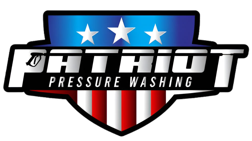 Patriot Pressure Washing logo with red, white, and blue shield shape, stars, and bold text.