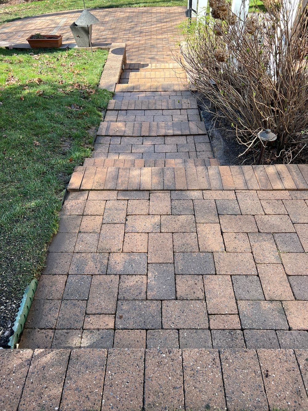 Brick pathway with steps, leading toward a grassy area, alongside a dried shrub.