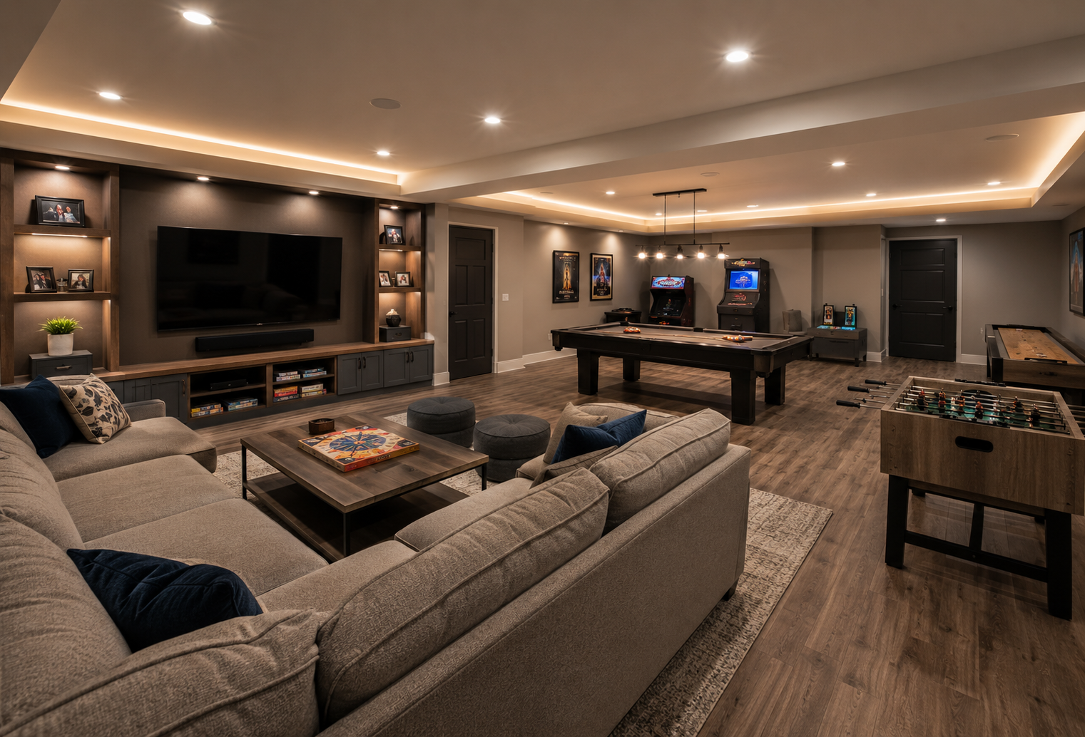 Modern basement family game room with multi-purpose seating.