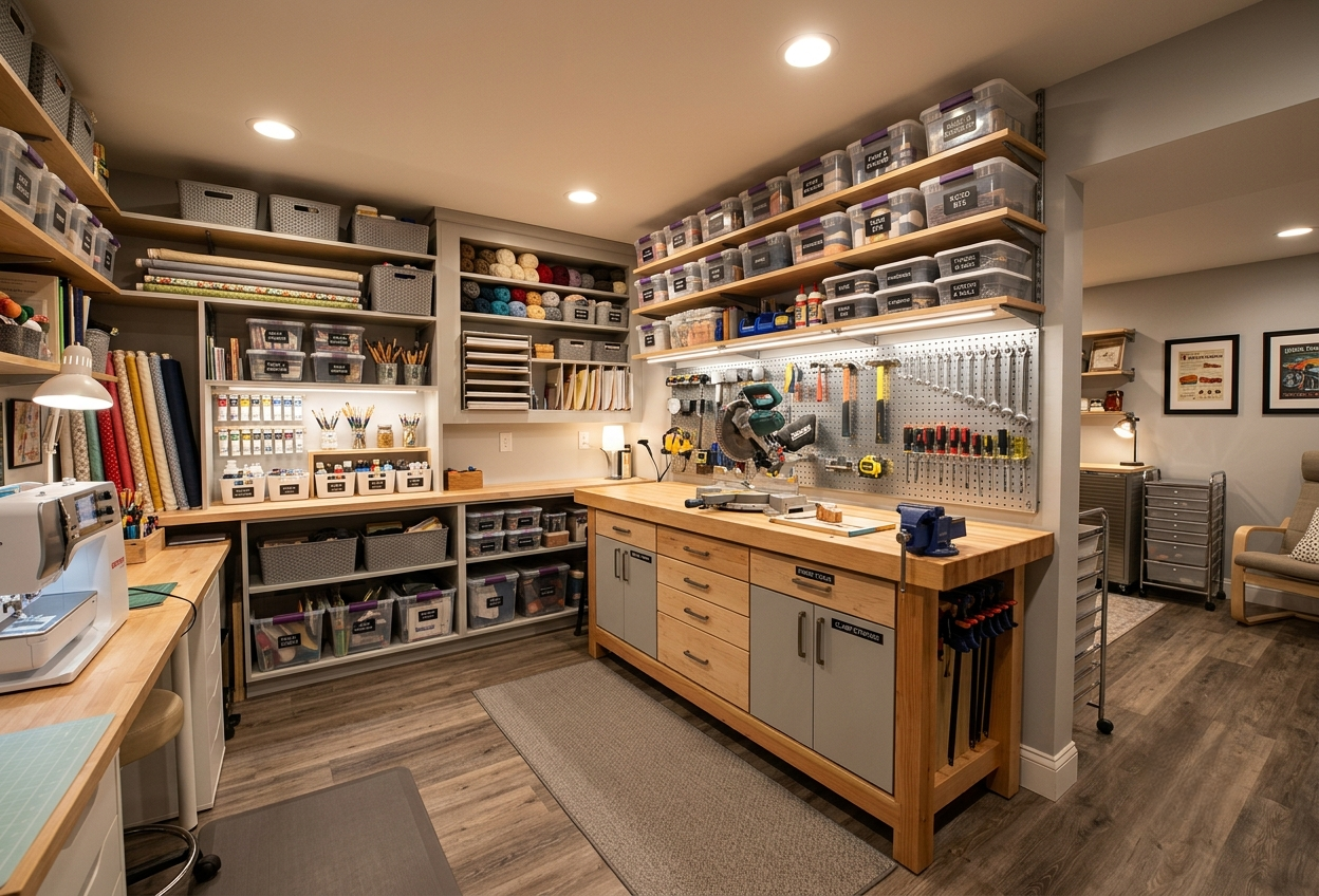 Organized basement hobby room with shelving, pegboard, and workbench.