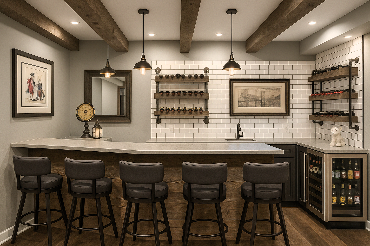 Basement bar with wine cellar and wine fridge