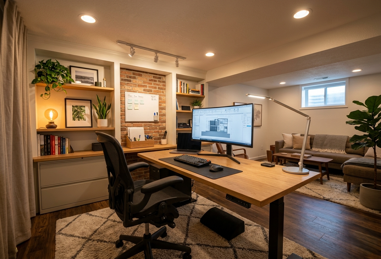 A bright basement home office featuring layered lighting layout.