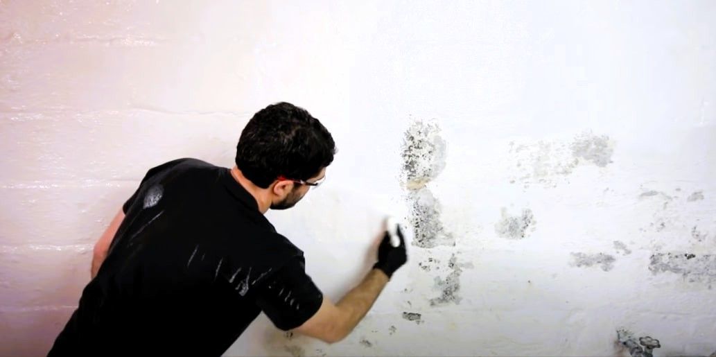 Person scrubs a stained, peeling wall for basement waterproofing wall maintenance
