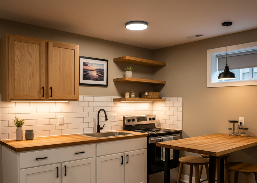 Budget-friendly basement kitchenette with white cabinets, wood countertop, subway tile, and small stove