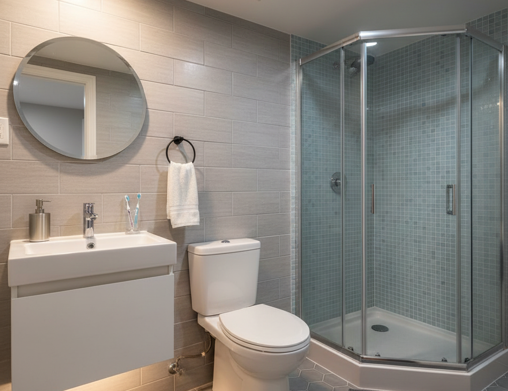 Modern small basement bathroom with gray subway tiles, white floating vanity, and corner glass shower