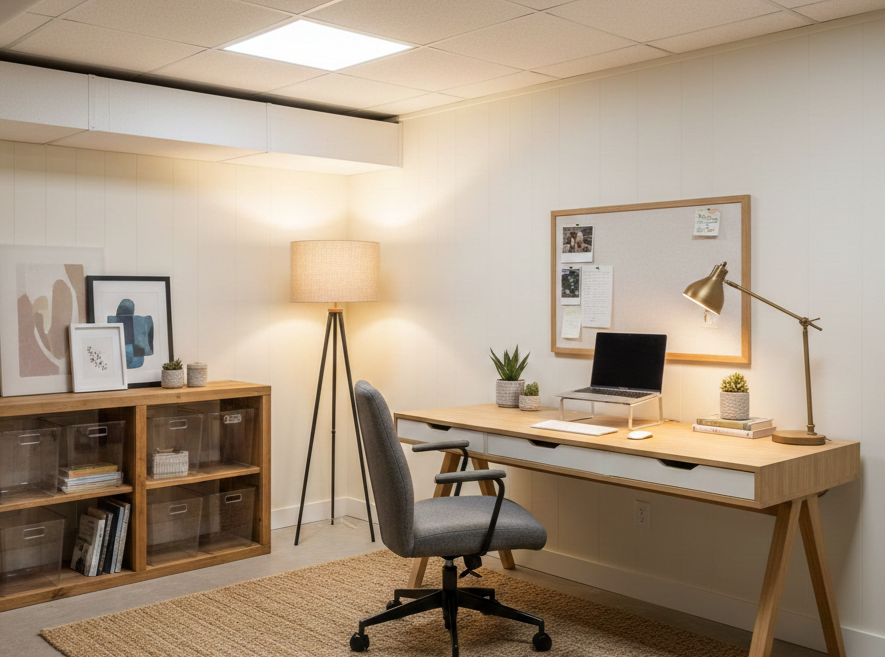 Bright, modern workspace in a windowless Grand Rapids basement using strategic lighting.
