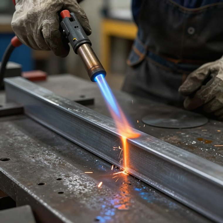 In un'officina, una persona salda una trave di metallo con una torcia blu, producendo scintille arancioni brillanti.