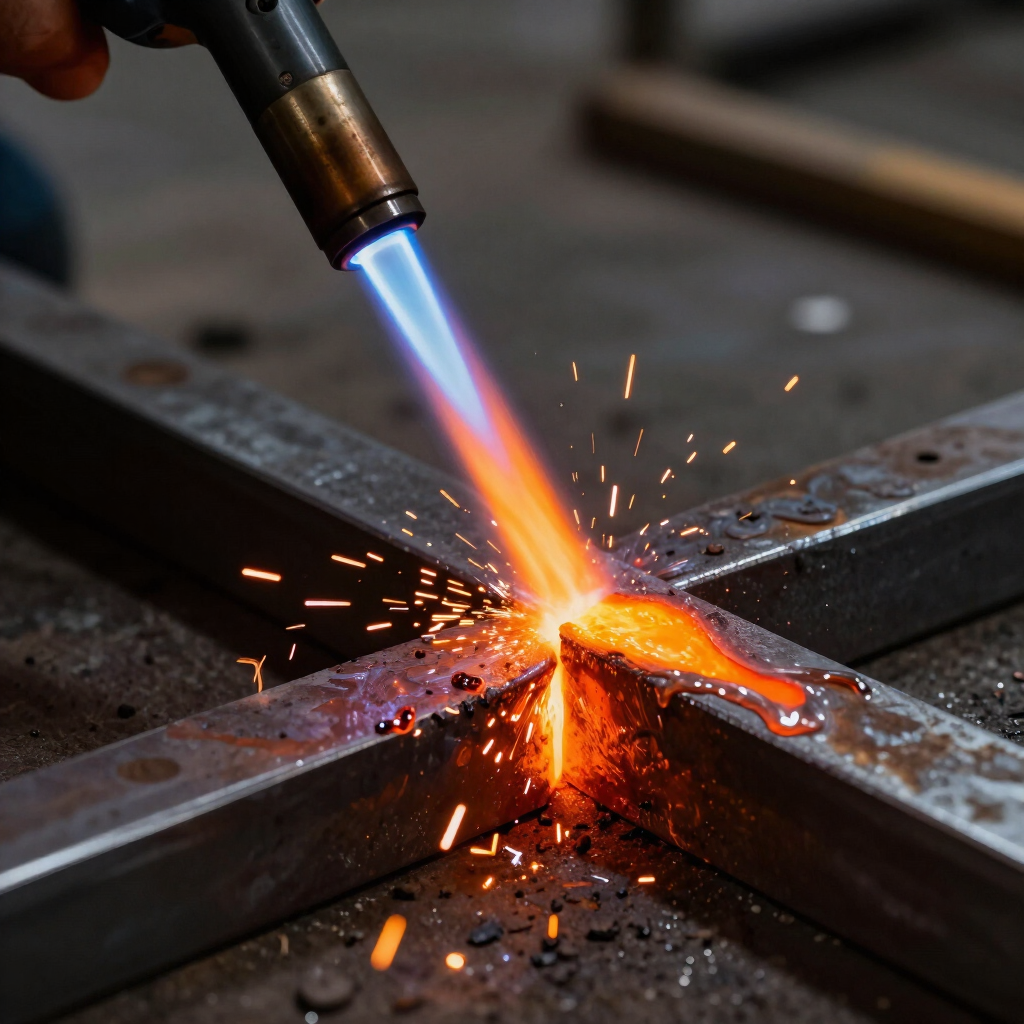 Barre d'acciaio tagliate con la fiamma ossidrica, con scintille arancioni brillanti che volano in corrispondenza del punto di giunzione.