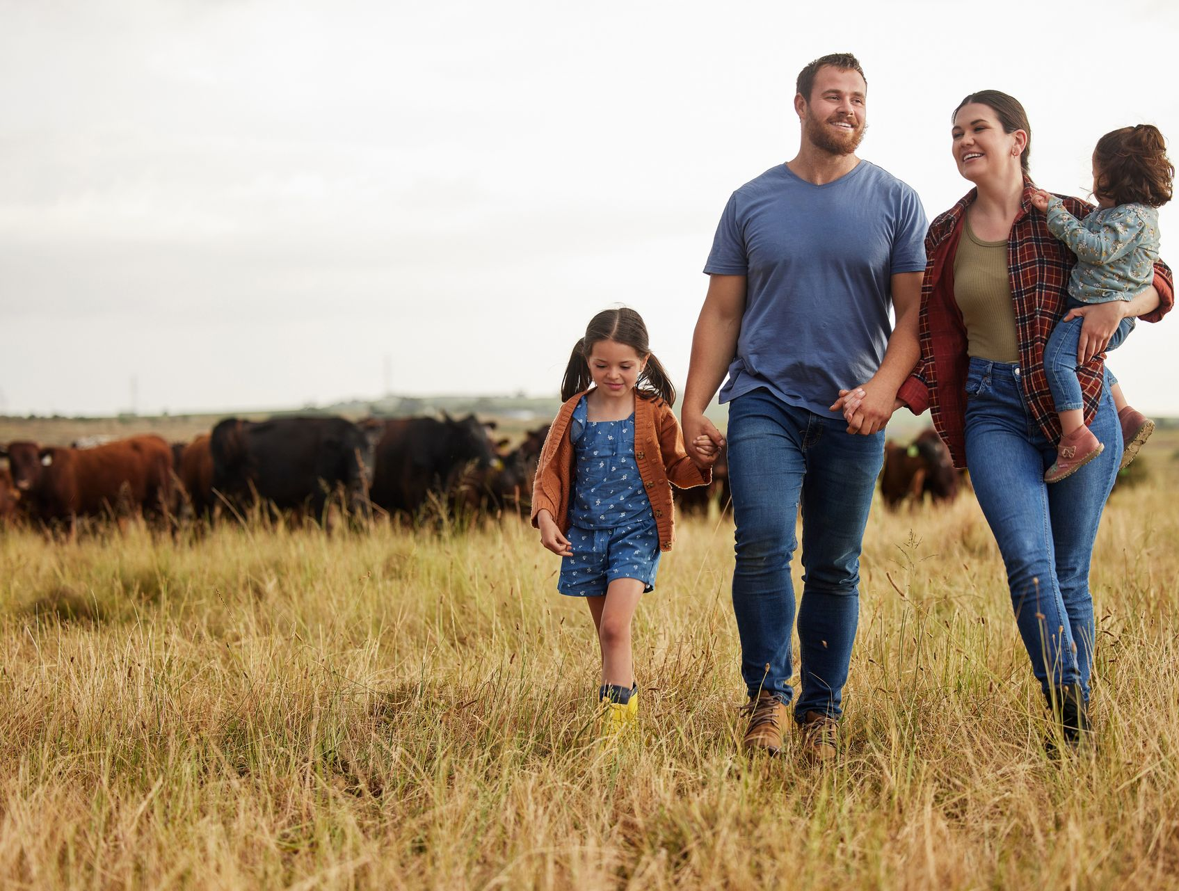 Family walking through a field with cows, holding hands, smiling.