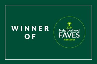 A green background with the words `` winner of neighborhood faves '' and a trophy.
