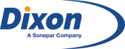 Dixon logo, blue text with orange dot, blue arc,