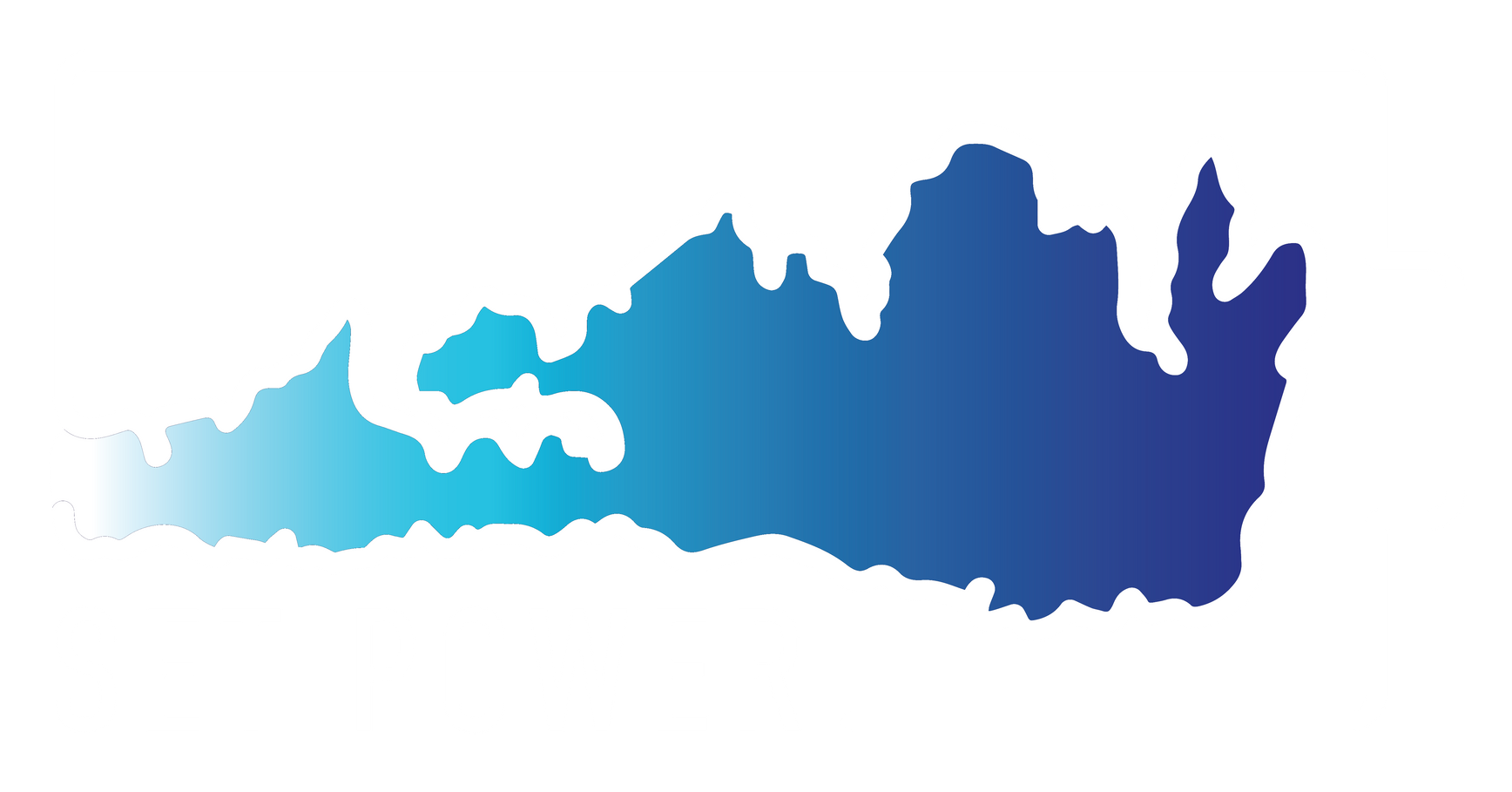 Blue and teal gradient shape, resembling a coastline or landmass, on a white background.