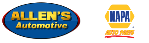 Logos for Allen's Automotive and NAPA Auto Parts. The Allen's logo is blue, yellow, and red. The NAPA logo is yellow and blue.