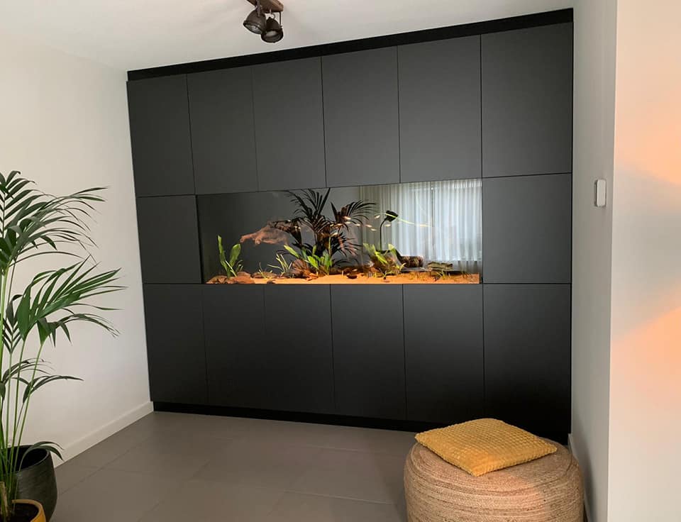 Geintregeerd wandmeubel aquarium op kantoor