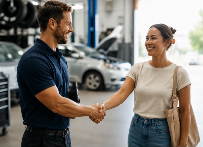 Vehicle maintenance shop with repair technician shaking hands with a happy customer.