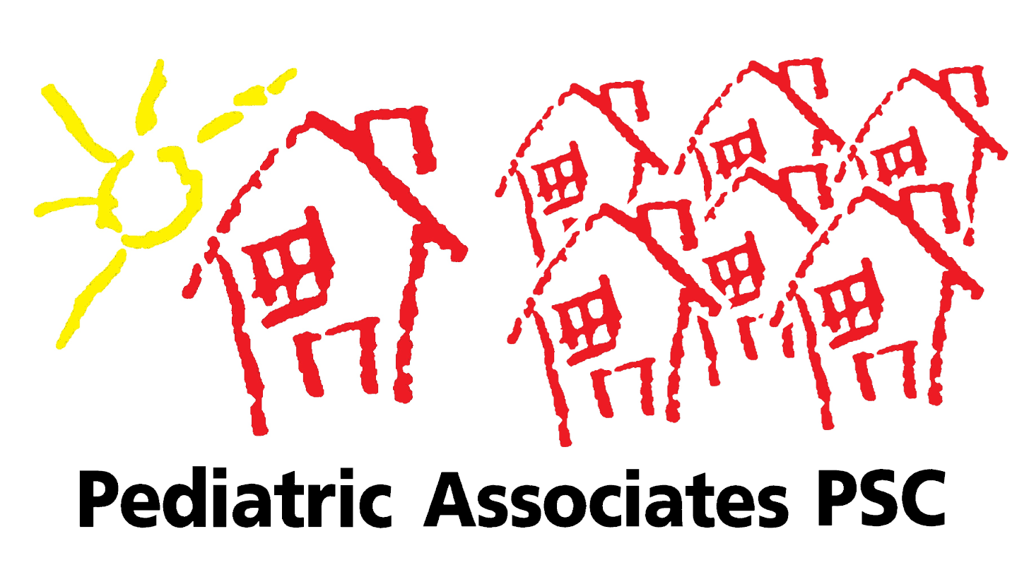 Logo for Pediatric Associates PSC with yellow sun and red house drawings