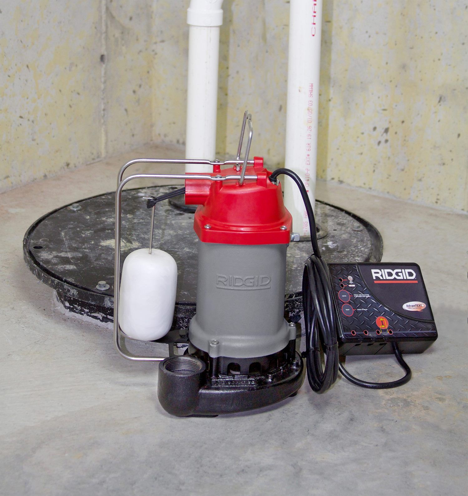 A red and gray ridgid sump pump with a float attached to it