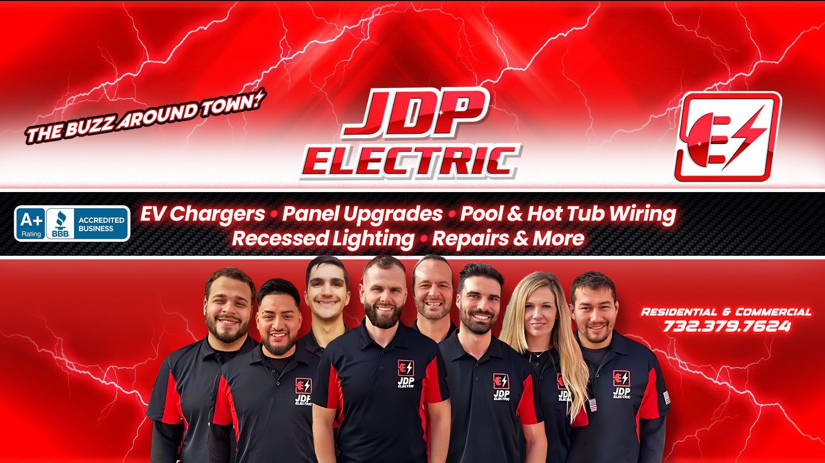 JDP Electric team banner with red lightning background and service list: EV chargers, lighting, repairs and more
