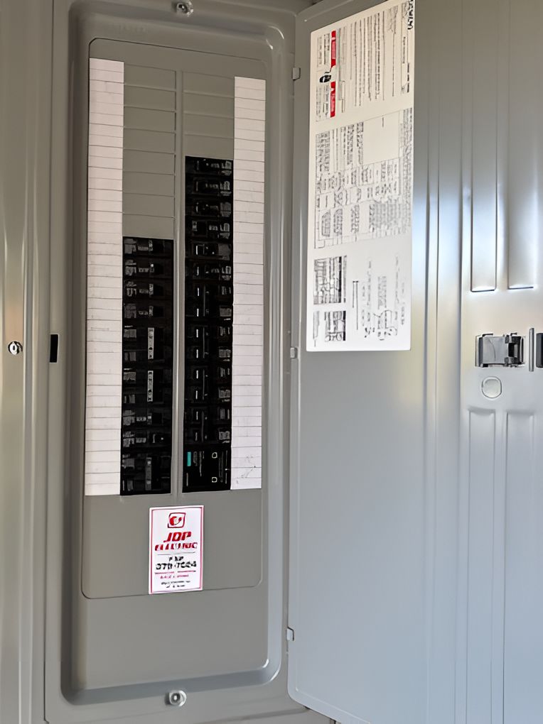 Open electrical breaker panel with door labels and rows of black circuit breakers inside.
