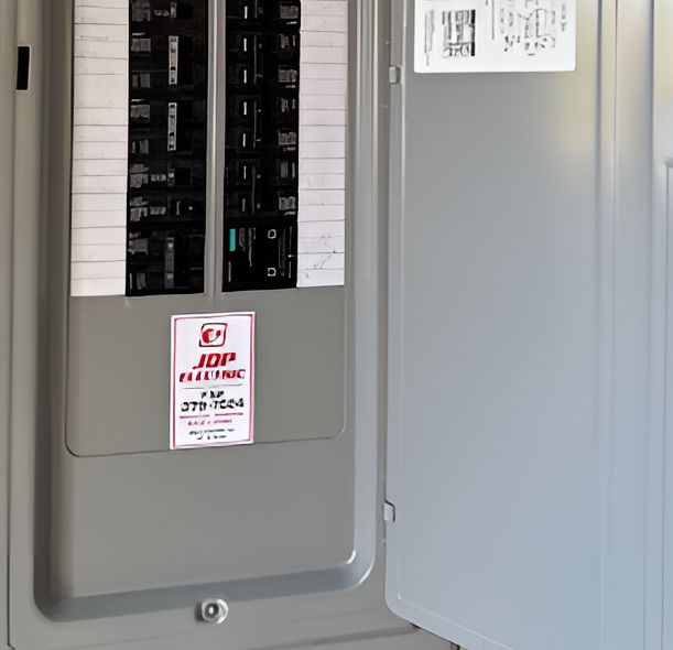 Open electrical breaker panel with gray door and warning labels inside.