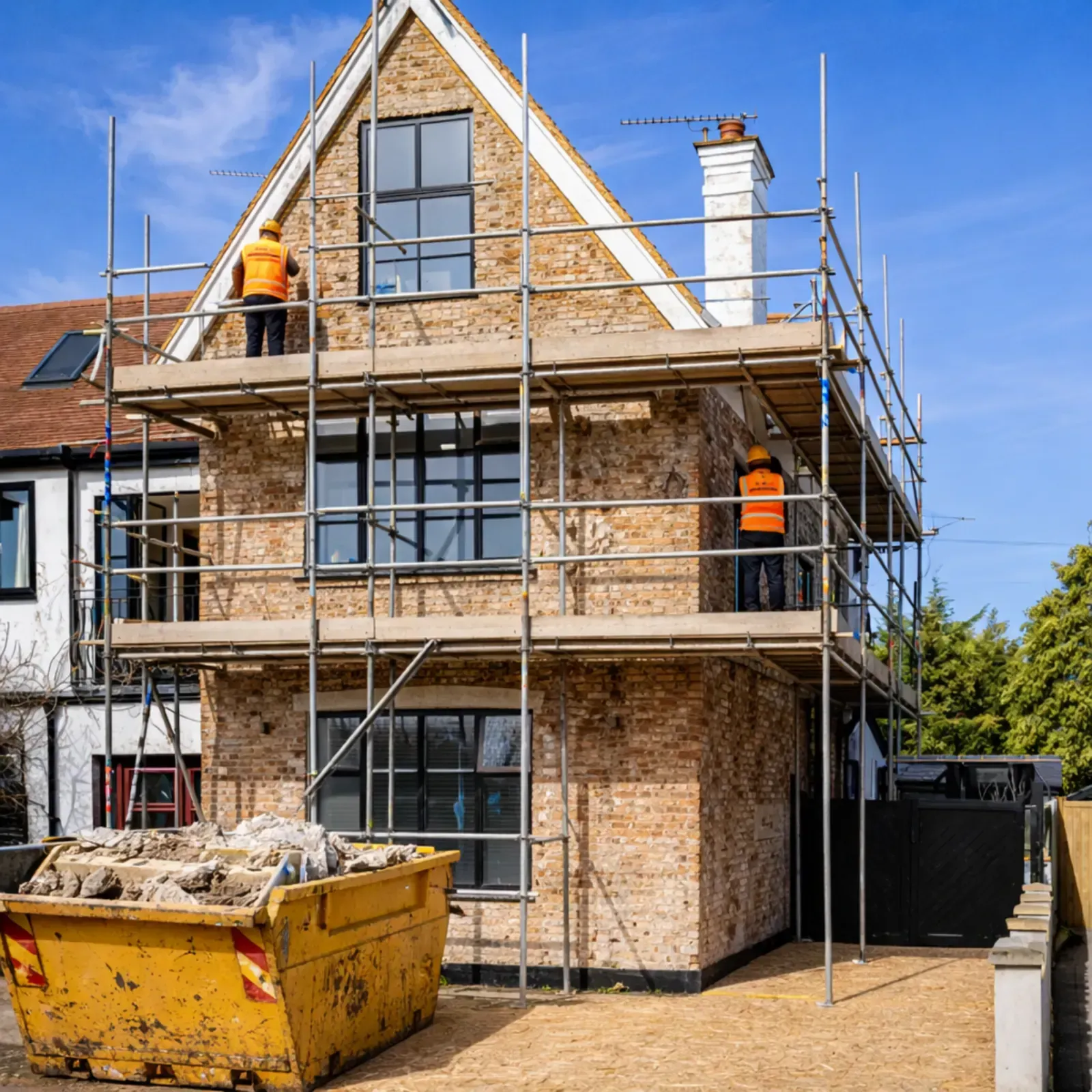house with rendering hacked off,scaffolding up and consruction men working