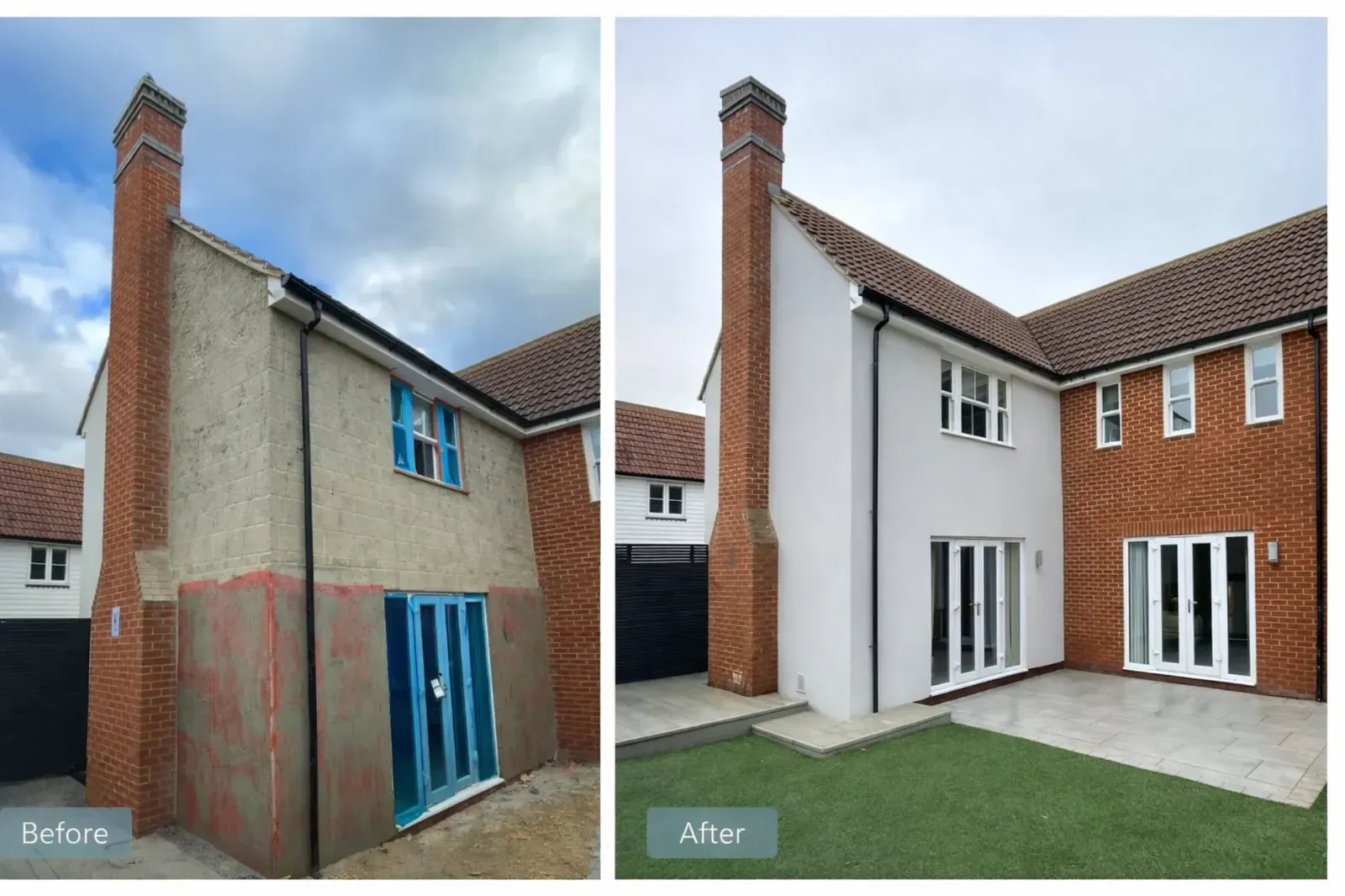 Before and after house rendering project in Essex showing render preparation and completed exterior