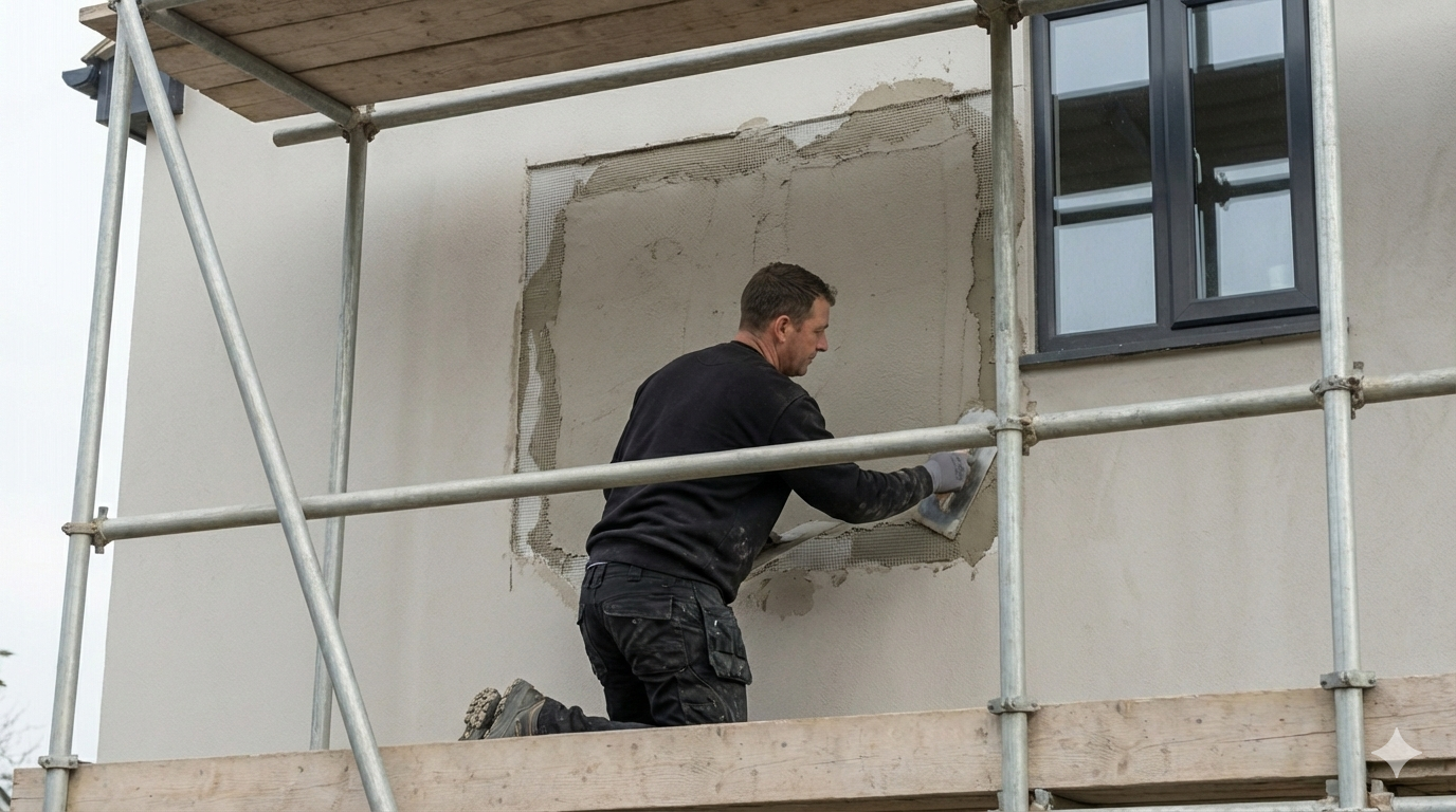 Man on scaffolding patching a wall around a window with gray mortar.