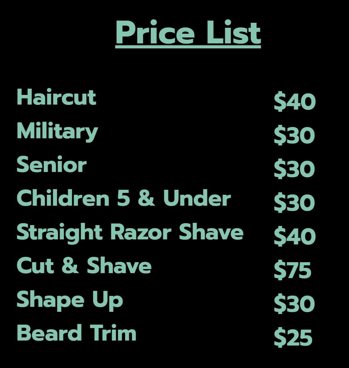 Price list for haircuts and grooming services.