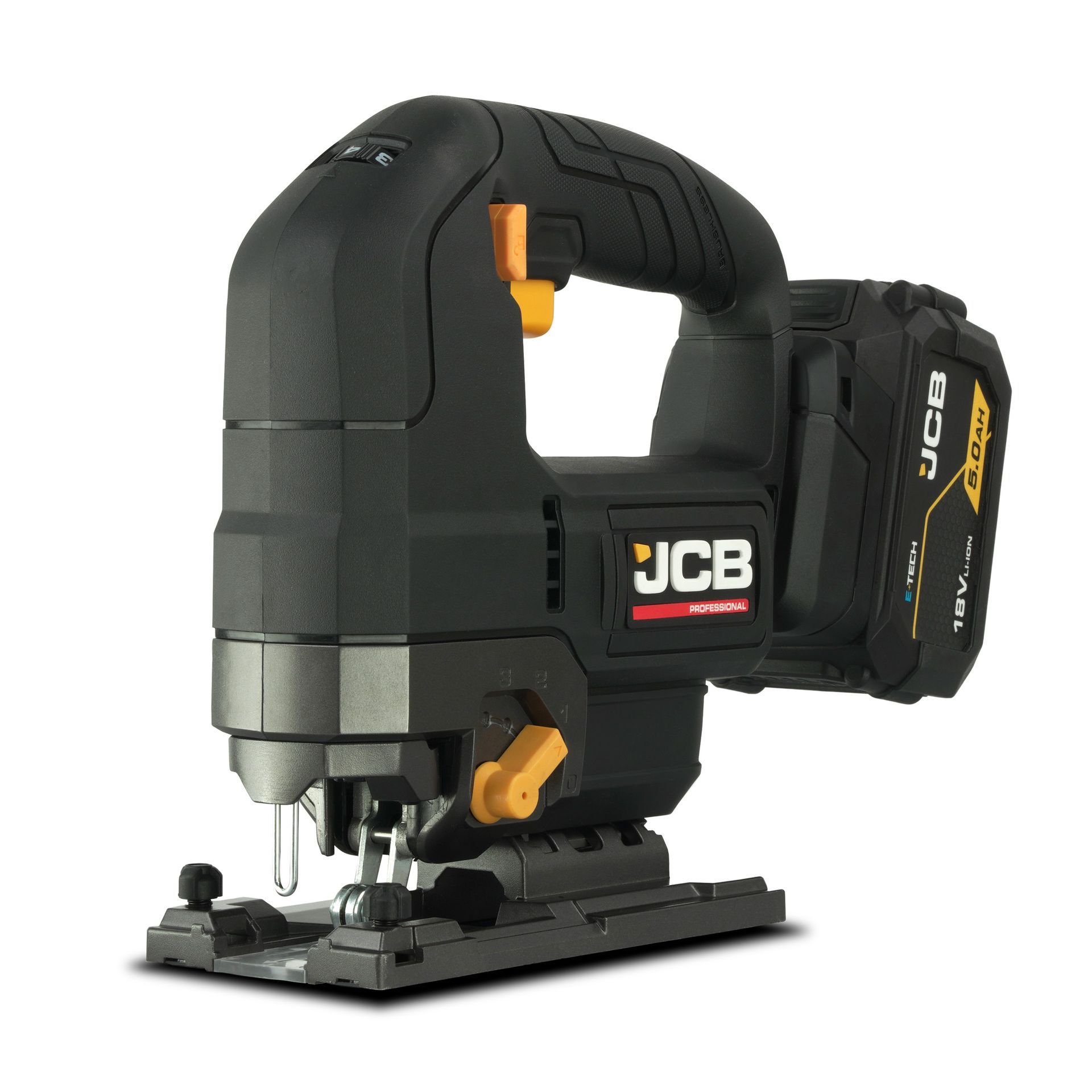 Black-and-orange JCB Cordless Jigsaw With Battery Pack on a White Background — PowerMaster Batteries Moree in St, Moree, NSW