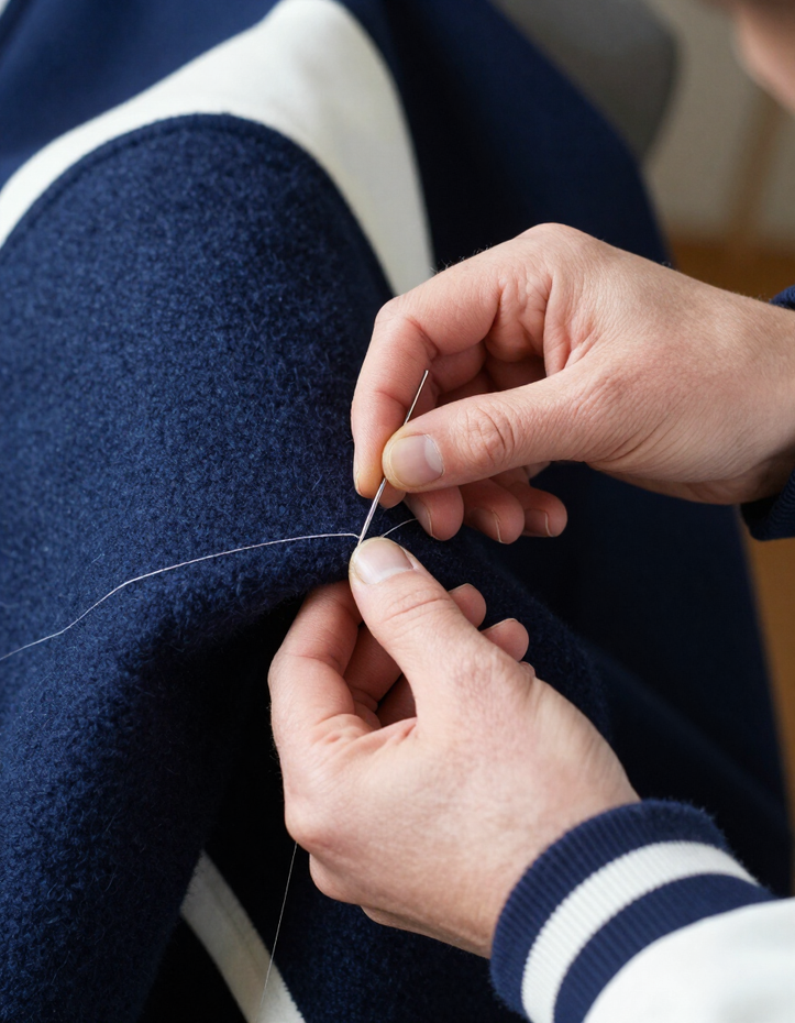 Craftsperson hand-stitching a varsity jacket sleeve
