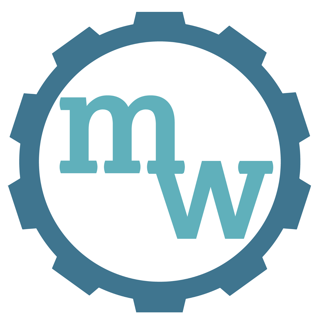 Blue gear-shaped logo with lowercase “m” and “w” in teal on a white background