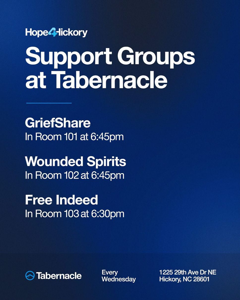 Blue church flyer for support groups at Tabernacle: GriefShare, Wounded Spirits, and Free Indeed