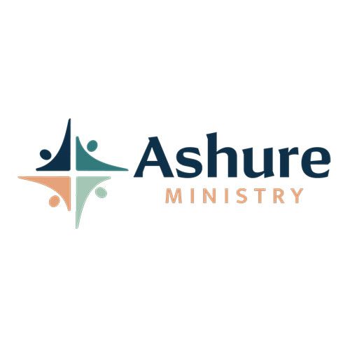 Ashure Ministry logo with teal, navy, and peach cross-like emblem and text