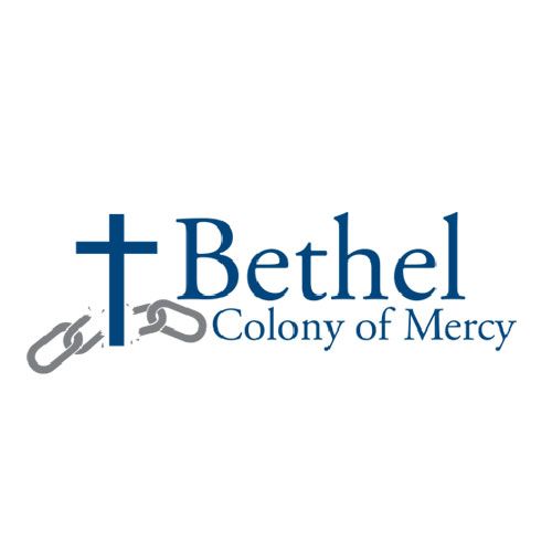 Bethel Colony of Mercy logo with blue cross and text, accented by gray chain links