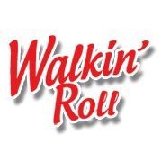 Red Walkin’ Roll logo with white outline and shadow on a white background