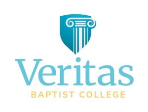 Veritas Baptist College logo with teal shield and light blue text