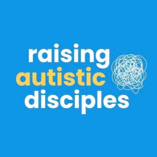 Blue logo reading “raising autistic disciples” in white and yellow text with a scribble graphic.