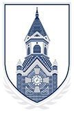Blue line-art church steeple logo inside a shield with a clocktower detail