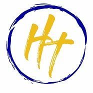 Blue circular brushstroke logo with a yellow handwritten “H” in the center.
