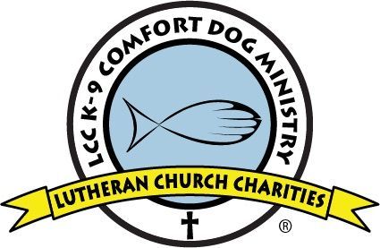 LCC-9 Comfort Dog Ministry logo with blue dog paw and yellow “Lutheran Church Charities” banner