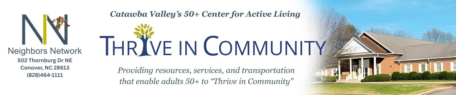 Banner for Northeast Kingdom Human Services: “THRIVE IN COMMUNITY” with a house and landscape.