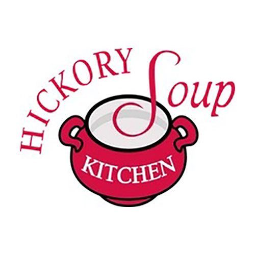 Hickory Soup Kitchen logo: pink soup pot with steam and curved red text on white background